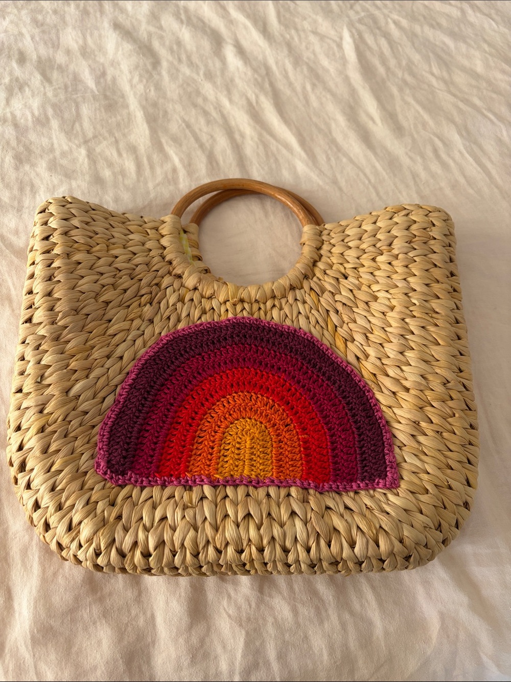Woven Straw Tote with Rainbow Crochet Applique